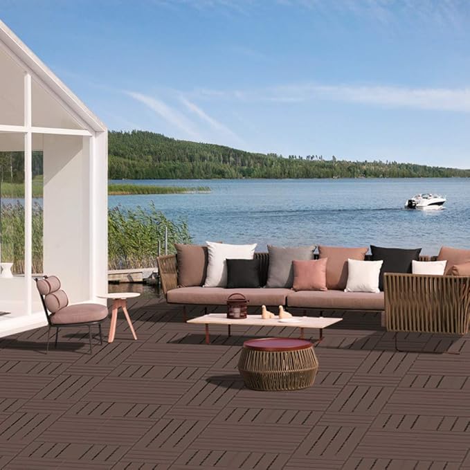 domi Outdoor Living Patio Deck Tiles, 12 x 12 inches Composite Interlocking Decking Tile, Four Slat Plastic Outdoor Flooring, 9 Pieces One Pack, Dark Brown