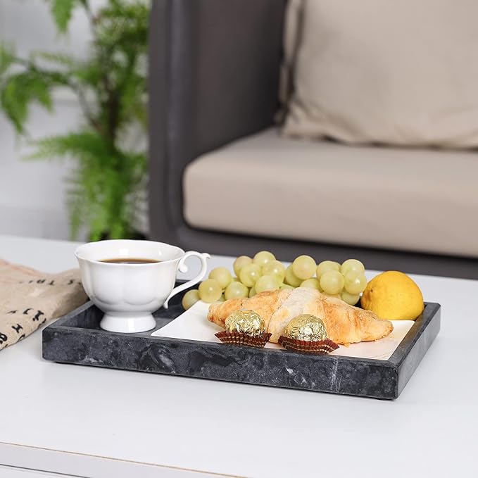 Marble Bathroom Vanity Tray, Natural Luxury Vanity Home Kitchen Bathroom Table Tray, Stone Decorative Countertop Dresser Trays for Key Coffee Perfume Jewelry Makeup (Blackish Green, 12" x 8" x 1.2")