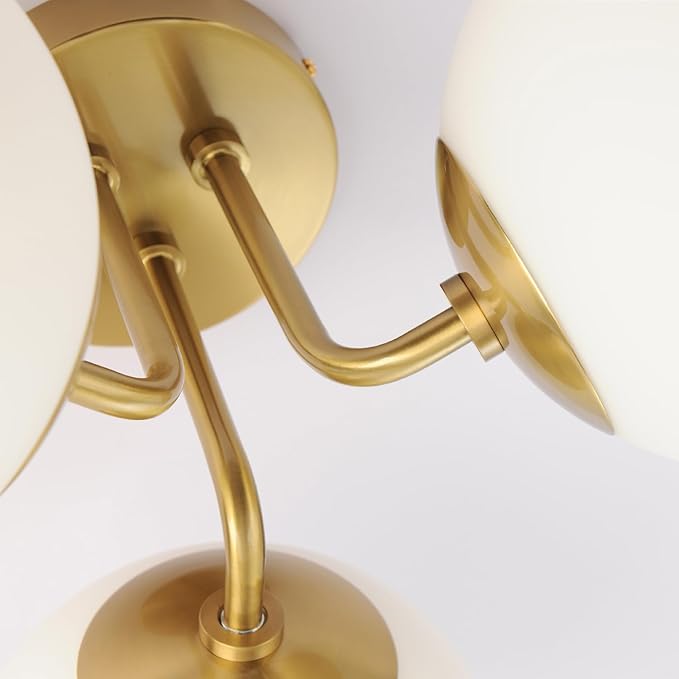 Brass 3 Lights Semi Flush Mount Ceiling Light Fixture, Frosted Glass Shade Vintage Close to Ceiling Light Fixture, Modern Indoor Flush Mount Light for Bedroom, Sputnik Ceiling Lights Fixture