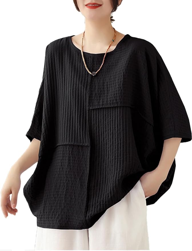 Women's Loose Cotton Linen T-Shirt Short Sleeve Tops Round Neck Bat Shirt Solid Colour Shirt