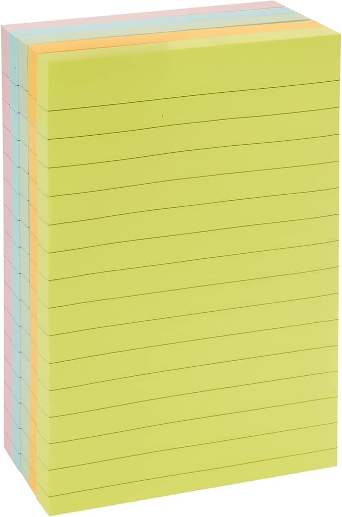 Basics Sticky Note Pads, Lined, 4x6, Rectangular, Assorted Colors, Pack of 5