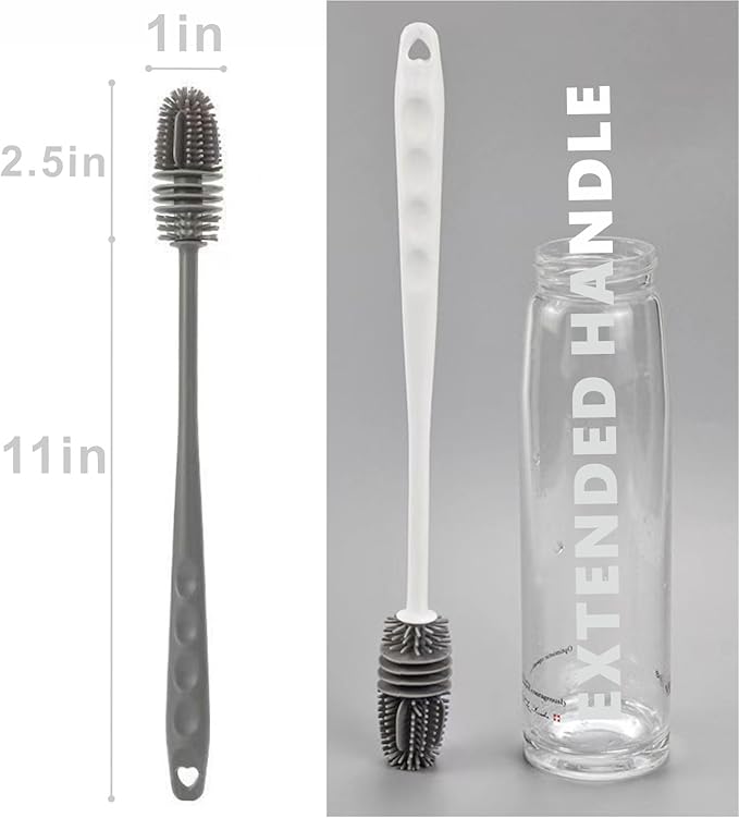 Silicone Bottle Brush,Silicone Bottle Cleaning Brush with Long Handle,be Suited to Cleaning Narrow Neck Containers, Vacuum Sports Bottle, Tumblers, Flask, Glassware (2 Pack, Black and White)