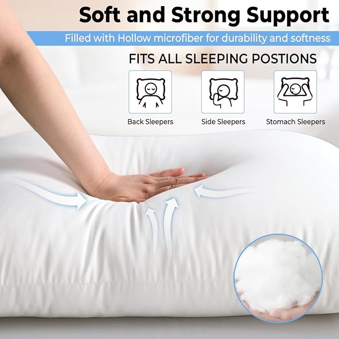 Queen Size Bed Pillows - Set of 2, Medium Density, Soft and Supportive for Back, Side, and Stomach Sleepers (Queen (Pack of 2)) (White, Pack of 2)