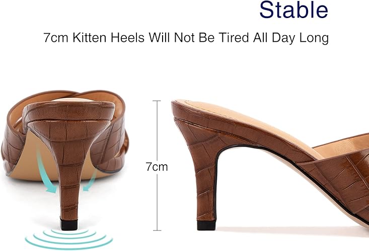 Greatonu Women's Square Toe Summer Heels Mules Cross Strap Slip on 2.5 Inch kitten Heeled Sandals
