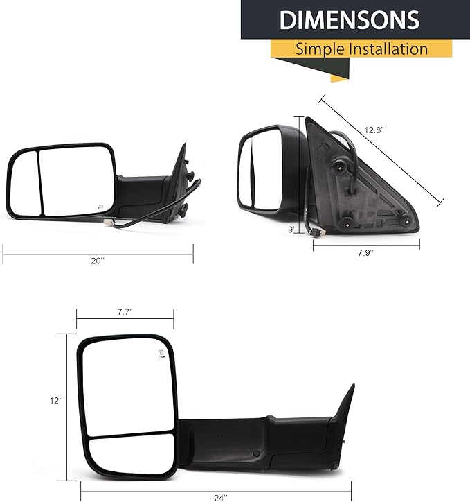 TOEMIRR Towing Mirrors fit for 2009-2018 Dodge Ram 1500 2010-2018 Ram 2500 3500 Passenger Side Mirror Heated Power Temperature Sensor Turn Signal Light Puddle Light Manual Flipping Black RH Tow Mirror