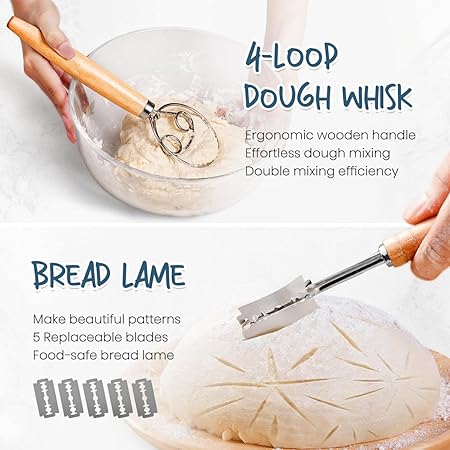 RORECAY Bread Banneton Proofing Basket Set, 9 Inch Round 10 Inch Oval Cane Sourdough Baskets with Dough Whisk Bread Lame Dough Scraper Bowl Scraper Silicone Brush Sourdough Bread Baking Supplies