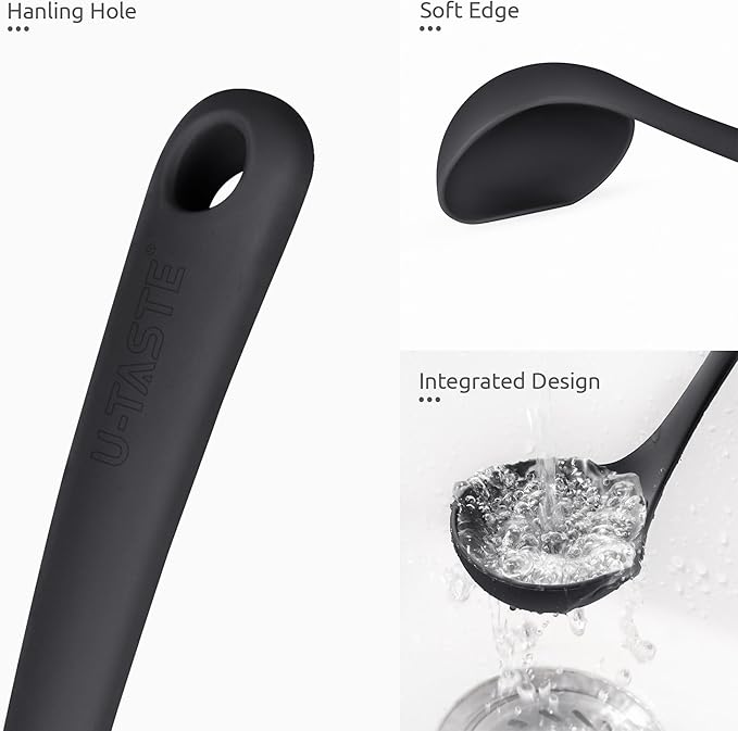 2.6oz Small Silicone Soup Ladle: U-Taste 600oF Heat Resistant Non-Stick Kitchen Deep Serving Spoon, Soft Cooking Utensil with Non-Slip Solid Handle for Mixing Sauce Stew Gravy (11in, Black)