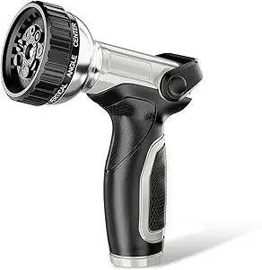 Garden Hose Nozzle with 9 Spray Patterns, Heavy Duty Aluminum Water Pipe Sprayer with Thumb Control On Off Valve for Easy Streams Control, Use for Outdoor