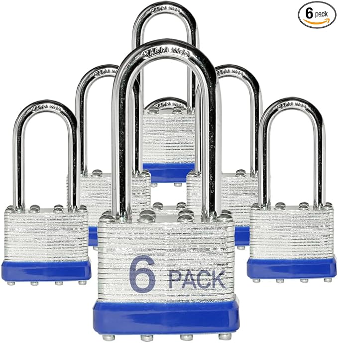 Lock Outdoor Padlocks, Key Lock, Padlocks with Same Key - Laminated Steel Keyed Padlocks with Long Shackle, 6 Pack, for Hasp Latch, Sheds, Fences, Storage Locker, School, Gym