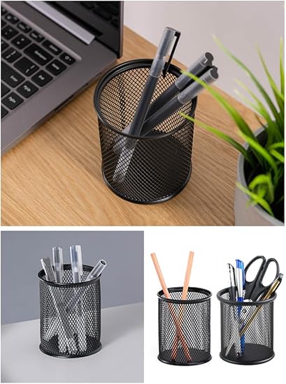 AKOAK 1 Count Desktop Pen Holder, Creative Grid Metal Pen Holder, Round Desktop Accessory and Workspace Organizer for Home, School and Office (Black)