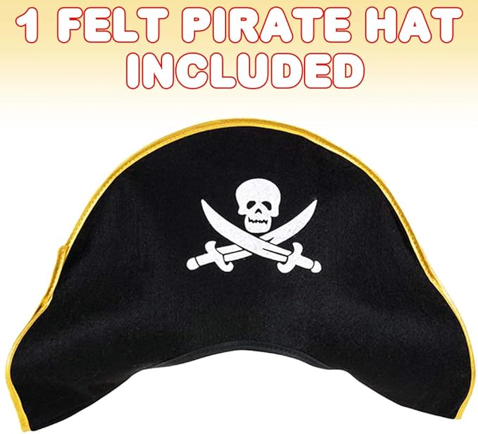 ArtCreativity Pirate Felt Hat for Kids, 1PC, Pirate Costume Hat with Skull and Cross Sword Design, Costume Prop for Halloween, Dress Up Parties, and Photo Booth, Black, White, and Gold