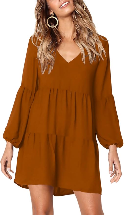 Amoretu Womens Tunic Dress Long Sleeve V Neck Casual Loose Flowy Swing Shift Dresses