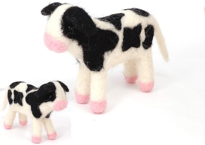 B & D Needle Felt Animal, Needle Wool Domestic Fowl Ornament,White Rooster, Horse, Sheep, Pink Pig, Cow, and Dog, Set of 6 Pieces