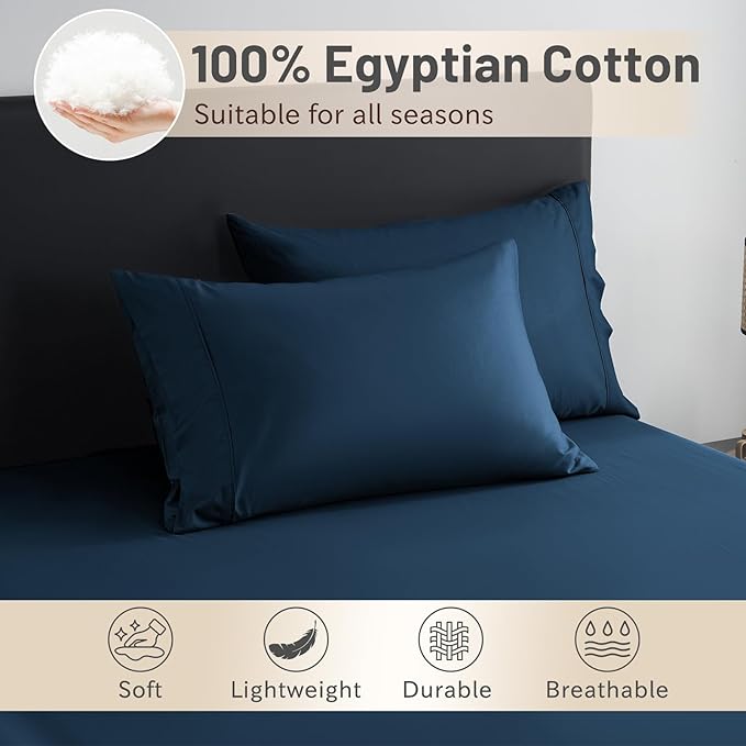 MEISHANG Extra Deep Pocket Cotton Sheets Queen Size, Fits 18"-24" in Deep Mattress, 100 Egyptian Cotton 800 Thread Count, Hotel Style Percale Sheet - Navy