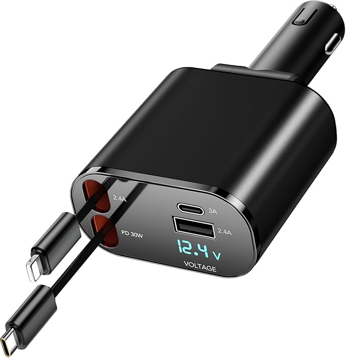 Retractable Car Charger, 4 in 1 Fast Car Charging 60W, Compatible for iPhone 16 Car Travel Essentials Charger, Women Men for Gifts USB C Car Honda Civic Accessories Adapter Compatible for iPhone 16 15