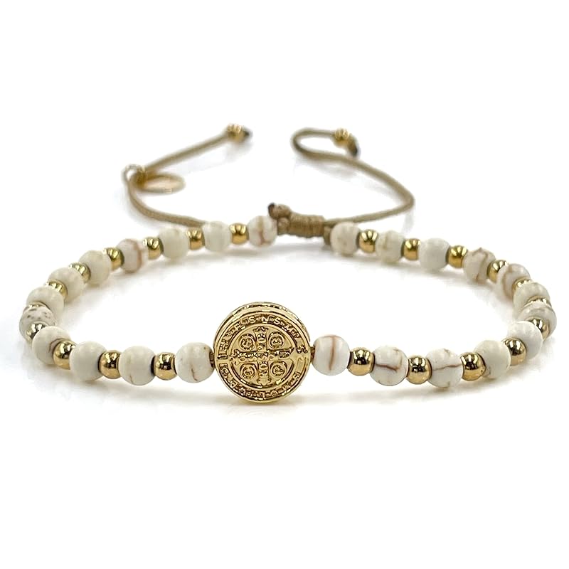 St Benedict Coin and Natural Round White Turquoise Beads Adjustable Bracelet for Women (Beige)