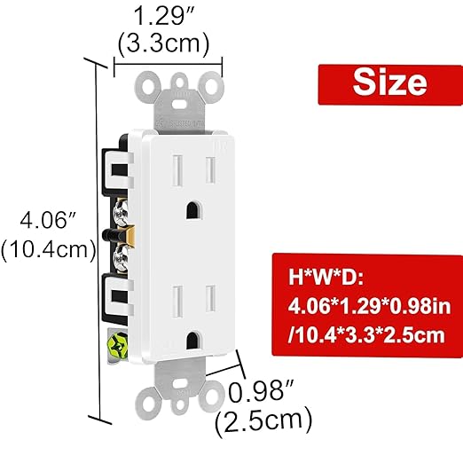 White Outlet,Greencycle 110V Outlet,2 Pack 15 Amp Decora Tamper Resistant Outlet,5-15R,3 Wire Square Outlet Wall Plug,Residential Commercial Grade,Ultra-Slim,Heavy Duty,Self-Grounding,ULCul