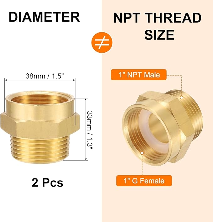 uxcell Brass Pipe Fitting, 1" G Female?o1" NPT Male Brass Hex Nipple Pipe Fitting Connector, 1" to 1" Female Pipe Fitting Adapter with PTFE and Gaskets, Gold Tone