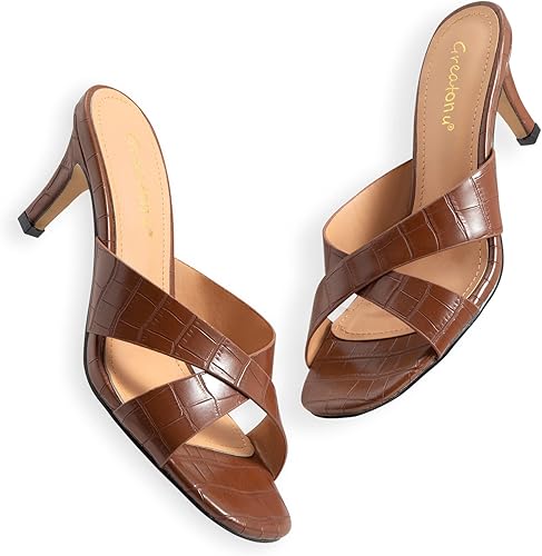Greatonu Women's Square Toe Summer Heels Mules Cross Strap Slip on 2.5 Inch kitten Heeled Sandals