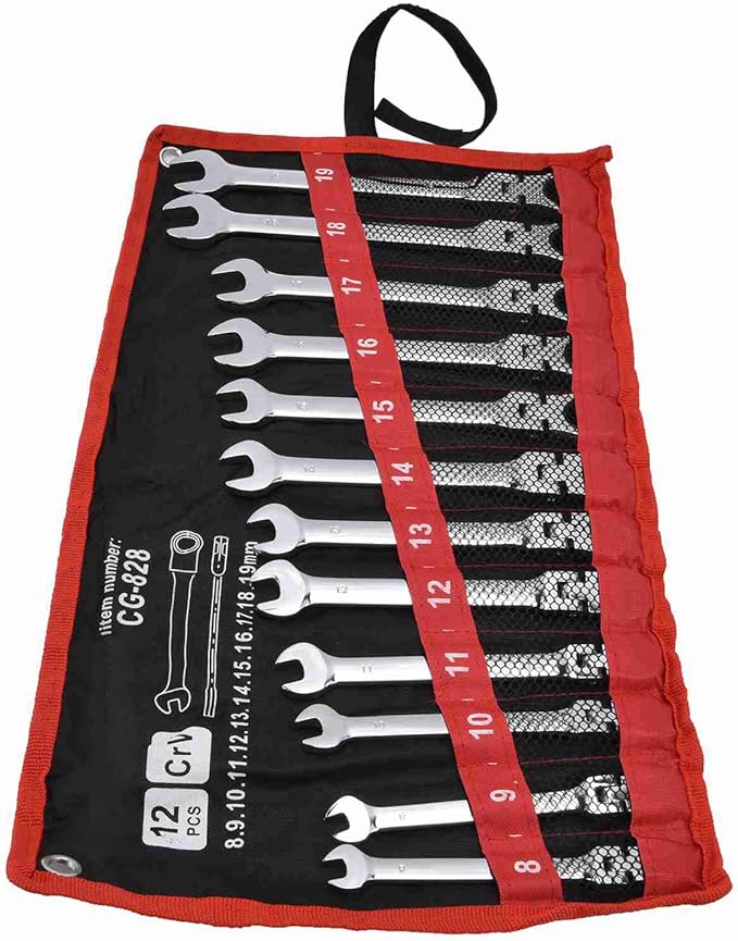 12Pcs Ratcheting Wrench Set, 8?19mm Ratchet Combination Wrenches Set,Metric Combination Chrome Steel 8?19mm with Storage Bag (movable head)