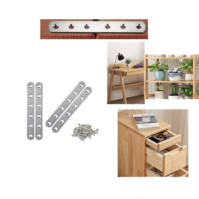 Stainless Steel Straight Brace, 4PCS Flat Straight Braces for Wood, Stainless Steel Straight Brackets with Screws