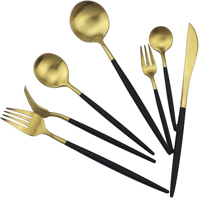Gugrida Black Gold Flatware, Royal 4 Piece Matte Black Handle 1810 Stainless Steel Dinner Knife Steak Knife 8.94", Camping Cutlery Silverware Travel Utensils Set Tableware