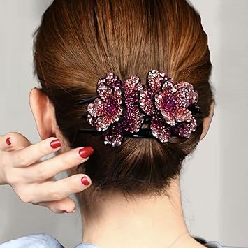 Rhinestone Double Flower Hair Clip,Crystal Duckbill Clip Hairpin with Teeth Non-Slip Women Hair Dovetail Clips for Thick Long Hair Accessories(I)