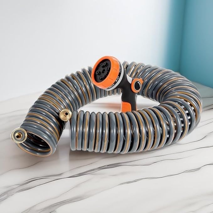 25ft Flexible Garden Hose, Spiral Water Hose, Lightweight and Kink-Free, with 34 Inch Brass Connector, 10 Pattern Nozzle (Orange Grey)