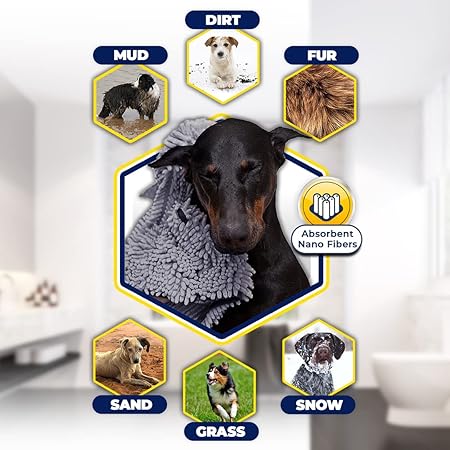 Muddy Mat Doggy Dryer, Highly Absorbent Microfiber Washable Dog Shammy Quick Drying Towel Absorber - Extra Soft Plush Wrap Chenille Bath Towels to Dry Soggy Large Pets Small Puppy-Grey 13"x31"