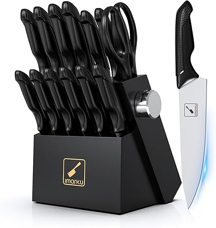 iMarku 14-Piece Professional Knife Set with Built-in Sharpener, Stainless Steel Blades, Non-Slip Ergonomic Handles, Dishwasher Safe, Black