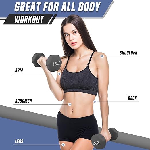 Dumbbells Hand Weights Set of 2 (15 LBS)- Neoprene Coated Hexagon Workout Dumbbell Weight, Anti-roll Hexagon Shape No Roll Design for Home Office Workout