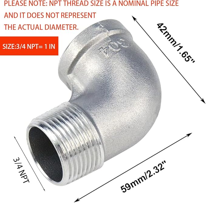 2Pcs 304 Stainless Steel 90 Degree Elbow 34" NPT Threaded Pipe Fitting Female x Male