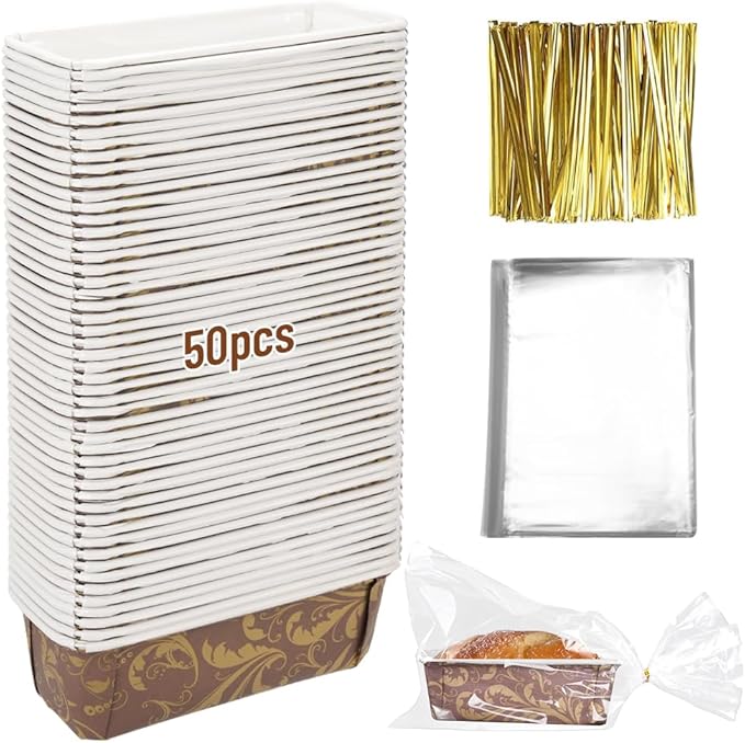 50 PCS Paper Loaf Pans for Baking, 7 Inch Disposable Baking Pans with Clear Plastic Bags and Ties, Rectangle Paper Bread Pans for Cake Bread Oven Loaf Bakery