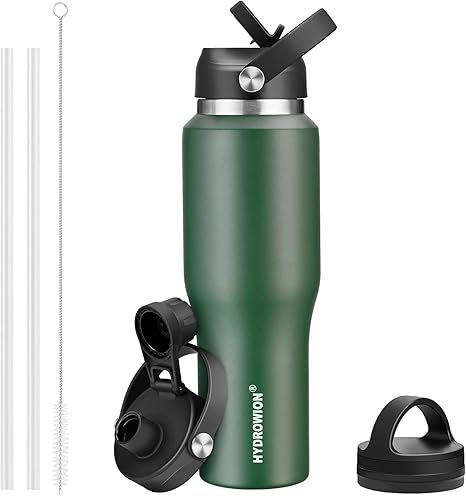 40 oz Insulated Water Bottle with Straw fit in Car Cup Holder(Cold 48 hrs, Hot 24 hrs) Drinking Bottle with Straw Lid, Spout Lid and Flex Cap Leakproof Travel Thermo Mug,Olive
