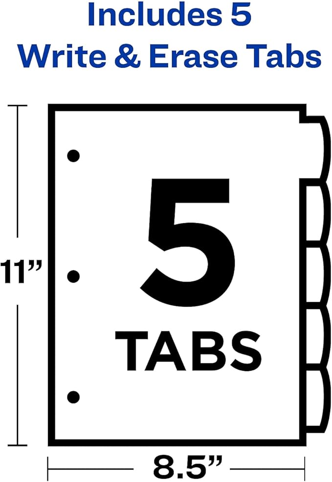 Avery Big Tab Write Erase Durable Plastic Dividers for 3 Ring Binders, 5-Tab Set, Bright Multicolor, 1 Set (16129)