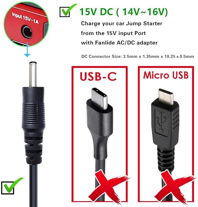 DC 15V 1A Adapter Charger for Car Jump Starter, Peak 450A 500A 600A 800A 1000A Auto Battery Booster Jump Starter Charger
