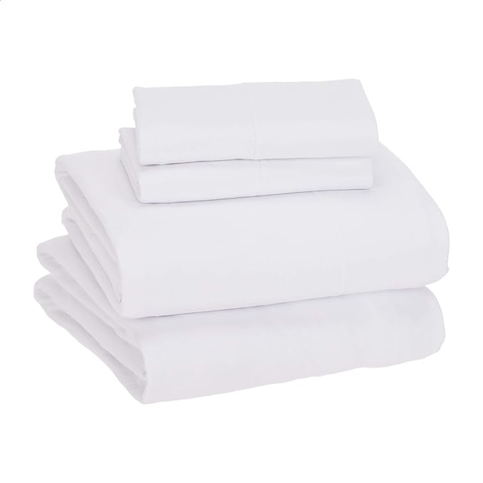 Basics 4 Piece Bed Sheet Set, 100 Cotton Jersey, Includes Super Soft, Flat and Fitted Sheets, Pillowcase, King, White, Solid