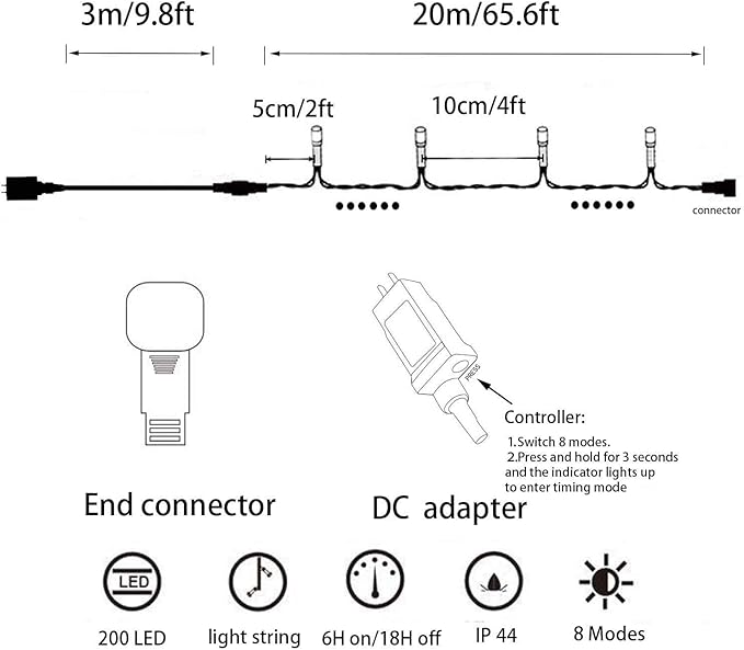 YASENN Christmas Lights String lights 200LED 66Ft Connectable Plug in,Fairy Lights 8 Lighting Modes with Timer for Garden Tree Patio Porch Decorations(Cool White)