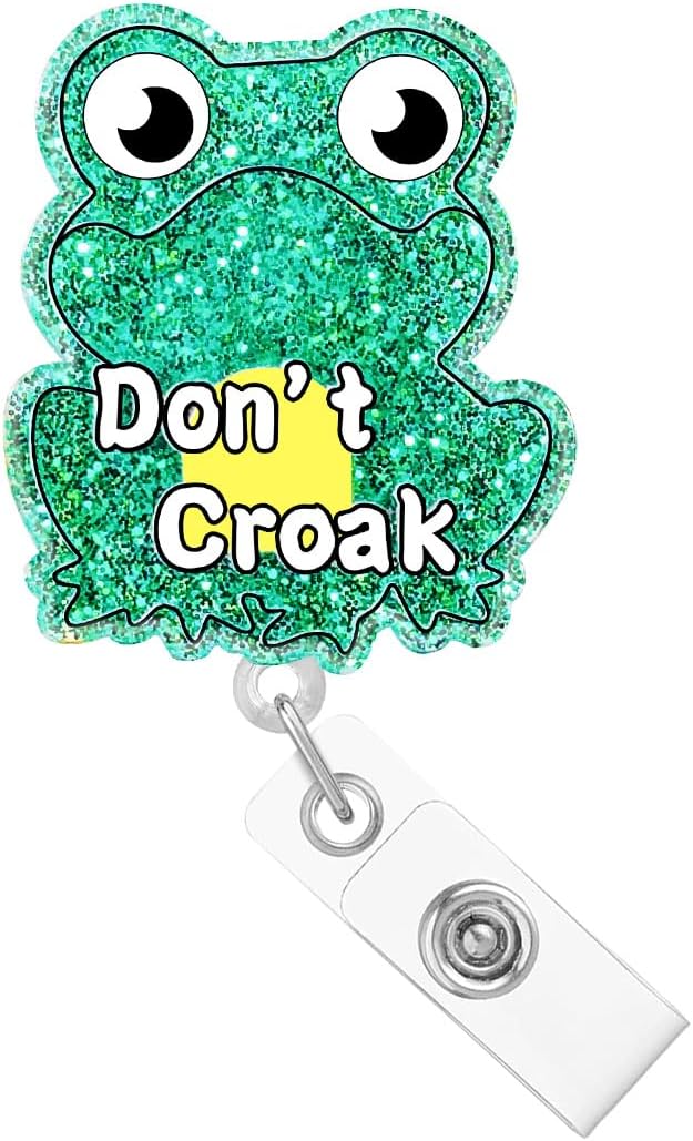 Cute Don't Croak Badge Reel Retractable Animal Nursing Badge Holder Clip Nurse Funny CNA RN Badge Reels for Nurses Medical Glitter Green Acrylic Badge Clips Doctor Hospital Accessories