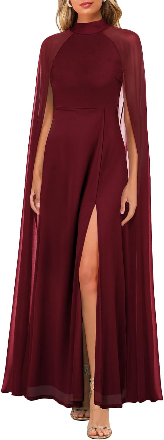 Aisbei Women's Elegant Mock Neck Slit A Line Flowy Maxi Dress Evening Gowns Party Formal Wedding Guest Dresses with Cape