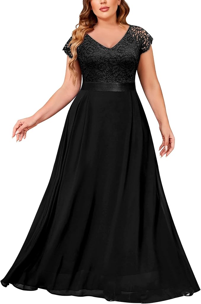 Miusol Women's Plus Size Cap Sleeve V Neck Floral Lace Ruffle Elegant Bridesmaid Evening Maxi Dress