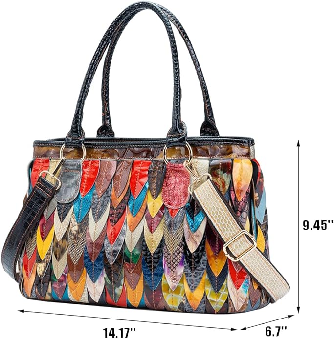 3D Multicolored Leaves Handbag for Women Cow Patent Leather Shoulder Purse Colorful Spliced Snake Print Crossbody Bag