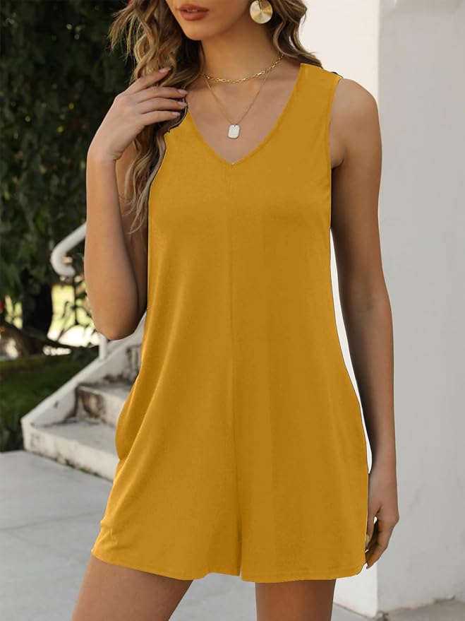 Women's Summer V Neck Tank Top Romper Sleeveless Loose Casual Shorts Jumpsuit Overalls with Pockets 2025 Clothes