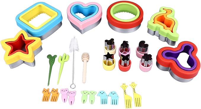 9Pcs Sandwichs Cutter and Sealer Set, Uncrustable Sandwichs Maker, Stainless Steel Cookie Cutters, Vegetable and Fruit Shapes, with Forks, Stirring Stick, Brush for DIY Baking