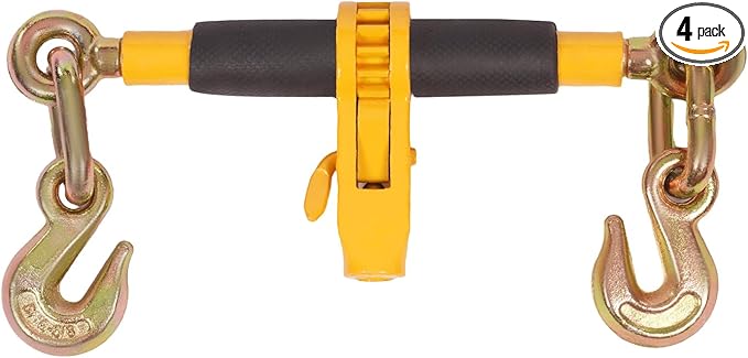 Chain Load Binder, 516" -38" and 516"20ft Tie Down Kit w 3300LBS Working Load Capacity and Two Grab Hooks, Includes (4) Binders and (4) Chains, Transport Load Package for Hauling