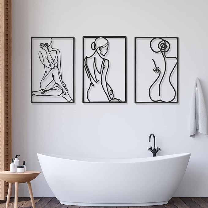 CHENGU 3 Pieces Metal Minimalist Abstract Woman Wall Art Line Drawing Wall Art Decor Single Line Female Home Hanging for Kitchen Bathroom Living Room