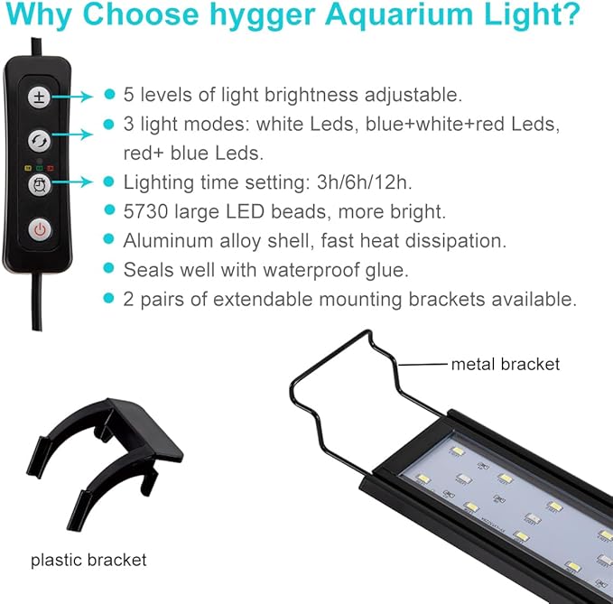 Hygger - Full spectrum aquarium light with aluminum alloy housing, extendable brackets, white and red blue LEDs, external controller, for freshwater fish tank
