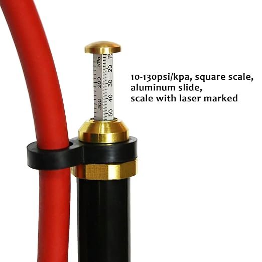MEASUREMAN Heavy Duty Bayonet Style Tire Inflator, Aluminum Body, 20" Red Hose, Clip On Air Chuck, Aluminum Slide, Range 10-130psikpa