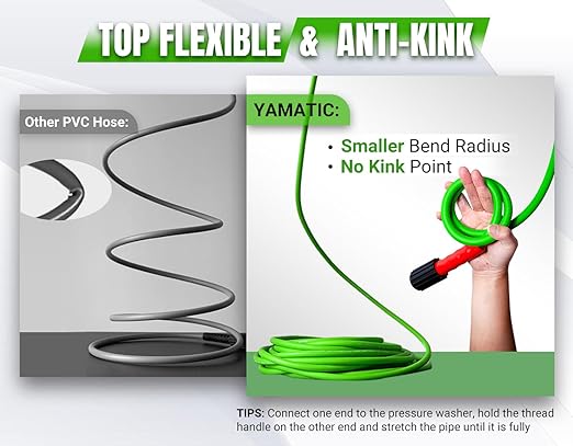YAMATIC Super Flexible Pressure Washer Hose 50FT for Power Washer Replacement, Kink Resistant Extension With Leak-Free M22 Female & 3/8" Quick Connect Adapters, 1/4" 3200 PSI, Green