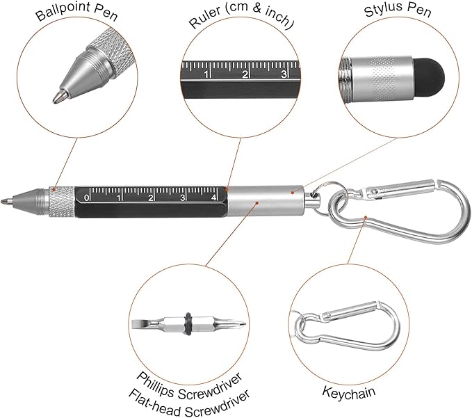 MECCANIXITY 6 in 1 Metallic Stylus Pen Aluminum Alloy Mini Capacitive Pens with Ballpoint Pen, Ruler, Screwdriver, Stylus, Keychain for Men and Women,Black